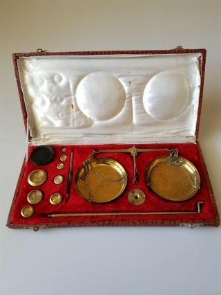 Vintage Brass Balance Scales In Velvet Box With Brass Weights