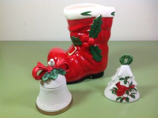 Vintage Lefton Red Santa Boot Planter/christmas Decoration Plus 2 Bells 01205