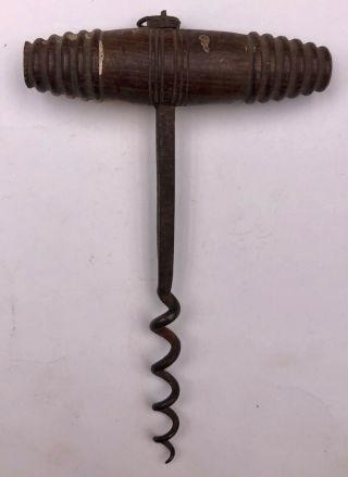 Antique 1800s Hand Forged Wood Spiral Handel Bottle Cork Screw Remover