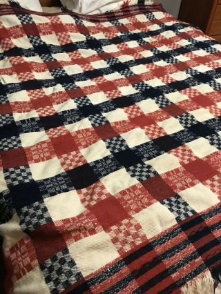 Vintage Double Weave Wool Blanket Blue Cream & Coral Checkerboard (s - Cl)