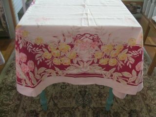 Vintage Calif Hand Printed Tablecloth Yellow & Pink Roses - Heavy Cotton 50 X 53