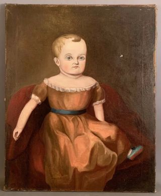 19thc Antique Primitive Old Victorian Era Child Portrait Folk Art Girl Painting