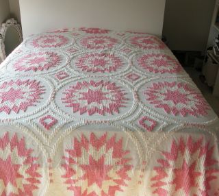 Vintage Chenille Cotton Star Pattern Bedspread Pink /white King Size 85 X 114