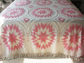 Vintage Chenille Cotton Star Pattern Bedspread Pink /White King Size 85 X 114 3