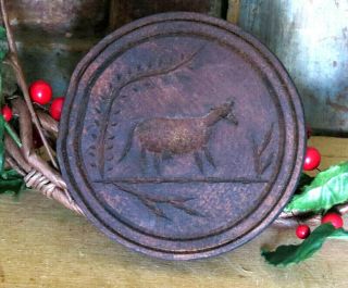 Primitive Round Carved Wood Cow Butter Mold Stamp Press Grubby Black Paint