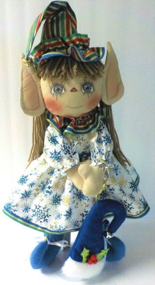 Hm Primitive Raggedy Ann Christmas Girl Elf Doll " Meriel " W Christmas Hat Ornie