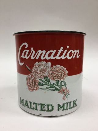 Vintage Carnation Malted Milk Advertising Porcelain Enamel Canister Tin