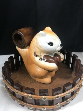 Vintage Ceramic Squirrel Utensil Holder Wooden Nut Bowl Clorwood