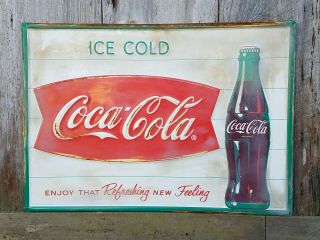 1940s 1950s Vintage Ice Cold Coca - Cola Tin Litho Fishtail Sign 19 1/2 " X 27 1/2 "