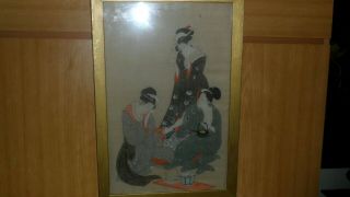 Antique Fine Quality Japanese Watercolour Of Geishas Meiji Period Framed