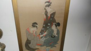 Antique Fine Quality Japanese Watercolour of Geishas Meiji Period Framed 2
