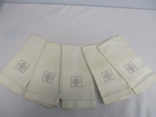 5 Vintage Pure Linen Damask Hand Guest Towels W Embroidered Monogram " Alw "