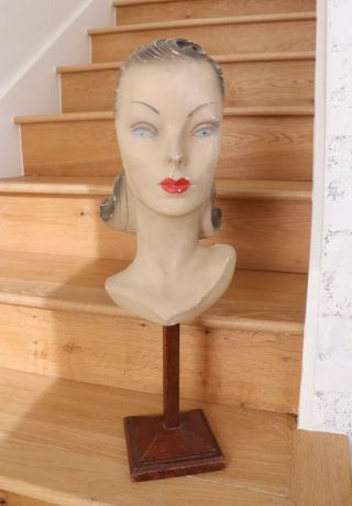 1940s Mannequin Head Bust Chalkware Store Display Stand 1930s Woman Pretty Lady