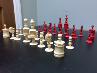 19th Century Barleycorn Complete Chess Set Red & White Bone