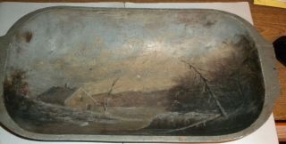Early 19thc Oblong Wooden Bowl Old Paint Oil Painted Scene On Inside