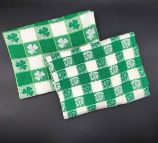 (2) Vintage Kitchen Tea Towels Irish Shamrock 4 - Leaf Clover No Holes