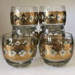 6 Vintage Mid Century Culver Glass 22k Gold Valencia Roly Poly Cocktail Barware