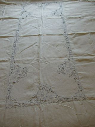 Vintage Linen Tablecloth Cutwork Embroidered Blue Flowers Tablecloth 96 " X 68 "