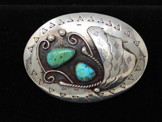 Vintage Native American Sterling Silver And Turquoise Belt Buckle Signed Tg