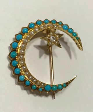 Antique Art Deco 14k Gold Turquoise Seed Pearl Diamond Crescent Brooch Pin 6.  1g