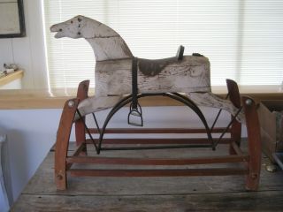 Old Primitive White Paint Wood Rocking Horse Orig.  Paint Decorated Base