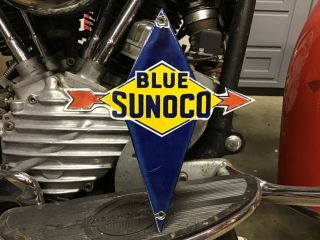 Vintage Porcelain Die Cut Sunoco Blue Door Push Sign Ford Chevy Harley Dodge