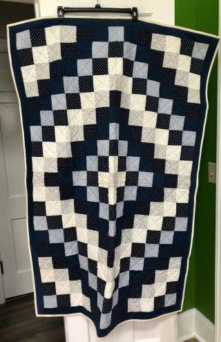 Vintage Handmade Quilt 58” X 40” Blue White Flowers Baby Crib Small Bed Lap Gift
