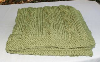 Handmade Bulky Cable Knit Lap Size Afghan Olive Green 39” X 60”