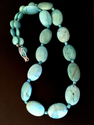 Turquoise Beaded Necklace Big Chunky Polished Oval Stones 26 " Long Blue Heishi