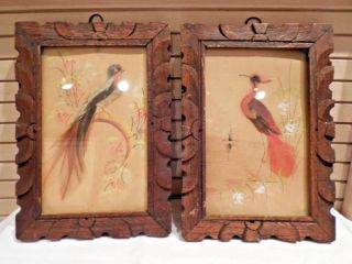 Vintage Mexican Folk Art Feather Bird Pictures - - Carved