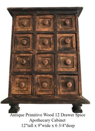 Antique Primitive Wooden Apothecary Spice Cabinet 12 Drawer