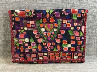 Folk Art Primitive Embroidered Stitched Handbag Pocketbook Clutch Purse