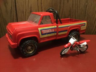 Vintage Tonka Red Truck With Gold Wheels,  Roll Bar And Dirt Bike 15” Long.