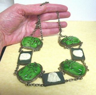 Art Deco Egyptian Revival Sterling Silver Glass Necklace Chunky 17 " 104.  6 Grams