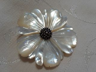 Stephen Dweck Signed Sterling Silver Mother - Of - Pearl Flower Hand Carved Brooch/p