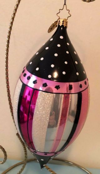 Christopher Radko Christmas Ornament: Large 7 " Pink Silver Black Glass Box