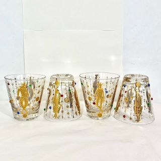 Mcm Culver Mardi Gras Harlequin Jester 24k Gold W Jewels Drinking Glasses Set 4