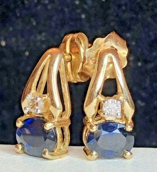 Vintage Estate 14k Gold Natural Blue Sapphire & Diamond Earrings Made In Mexico