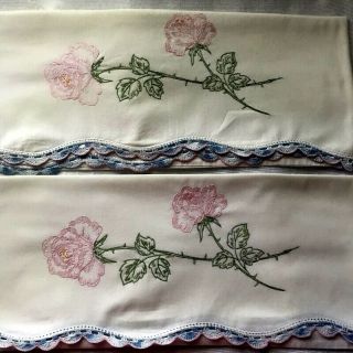 Pink Roses Hand Embroidered Blue Crochet Pair Pillow Cases Completed Pc50