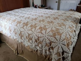 Vintage Crochet Popcorn Bedspread Coverlet Ivory/beige 85 " X 90 "