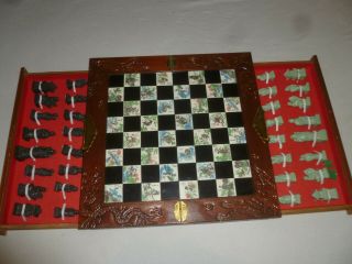 Vintage Wooden Chinese Folding Wood Case Chess Set Soapstone Figures Antique