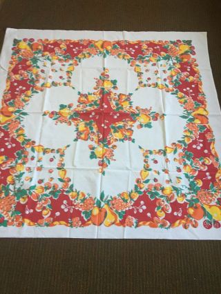 Vtg Tablecloth 48”x48” Red Strawberries Orange Cherries Yellow Pears