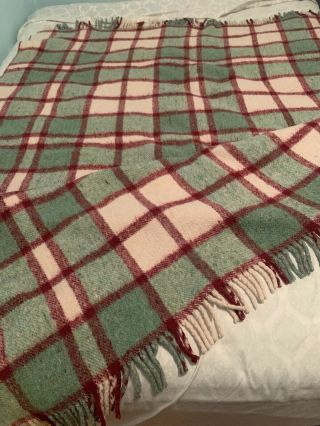 Vintage Red & Green Plaid Fringed Wool Blanket Or Throw - 60” X 78” 2