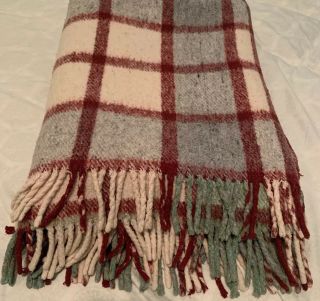 Vintage Red & Green Plaid Fringed Wool Blanket Or Throw - 60” X 78” 3