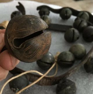 21 Primitive Antique Brass Sleigh Bells On Leather Strap,  From Farm N.  Y.  Estate