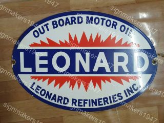 Leonard Outboard Motor Oil Vintage Porcelain Sign 24 X 16 1/2 Inches