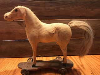 Primitive Antique Pull Toy Horse On Wheels 19th Century