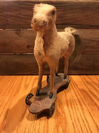 Primitive Antique Pull Toy Horse On Wheels 19th Century 2