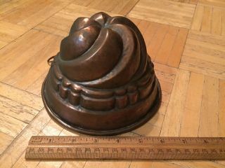 19th Century Copper Food Mold Larger Size W Swirling Design & Tin Interior