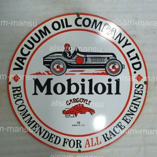 Mobil Oil Car 29 Inches Round Vintage Enamel Sign